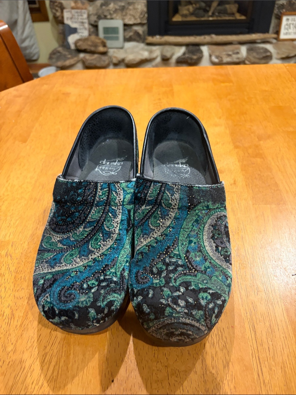 Dansko Women's Paisley Slip-On Clogs in Teal and Black